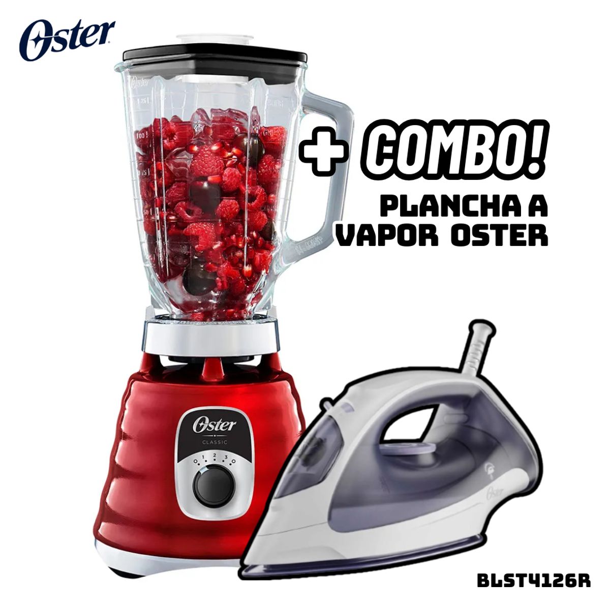 OSTER - LICUADORA CLASICA OSTER 3 VELOCIDADES 1000W CROMADA ROJA - BLST4126R + PLANCHA OSTER