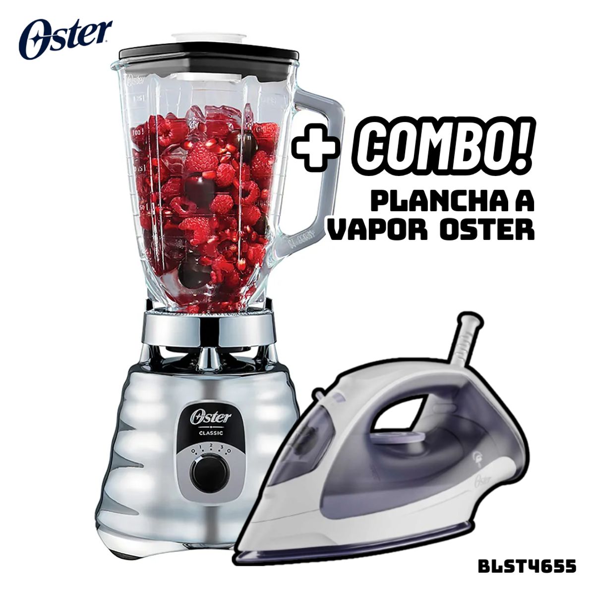 OSTER - LICUADORA CLASICA OSTER 3 VELOCIDADES 1000W CROMADA - BLST4655 + PLANCHA OSTER