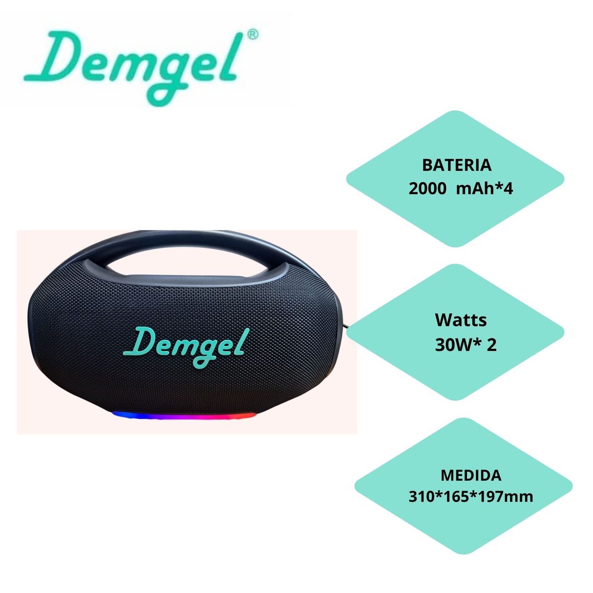 OEM - Parlante Demgel Portatil Inalambrico 60 Watts RMS 4 Horas Negro BT/USB/RGB/TWS 2000mAh D-P8009 2026