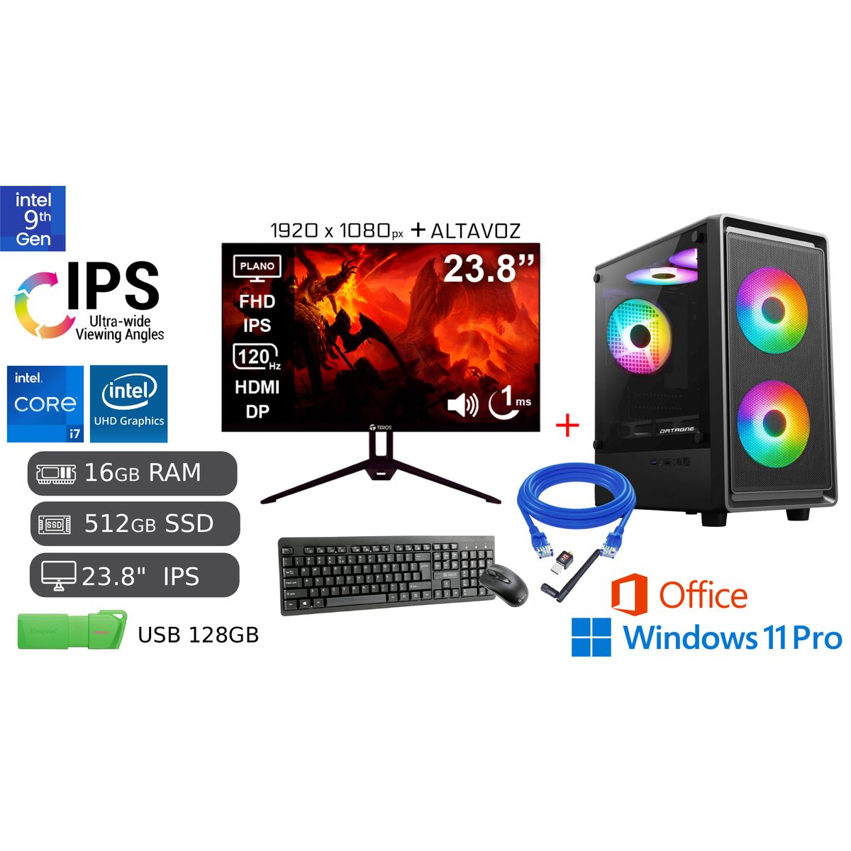INTEL - PC Completa Intel Core i7 9na 16GB Ram 512GB SSD+ 128GB USB + Monitor 238