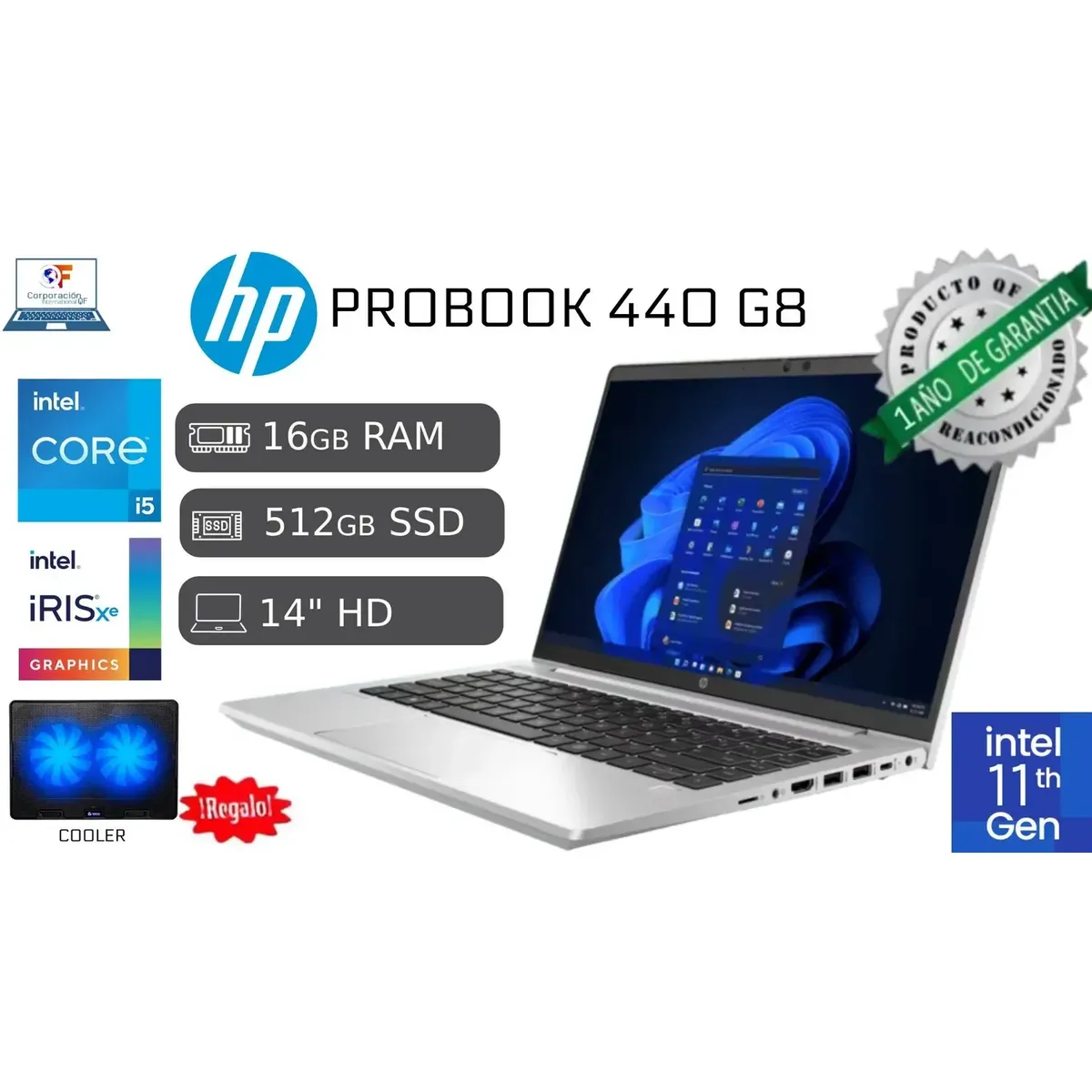 HP - Laptop HP ProBook 440 G8 i5 11va 16GB RAM 512GB SSD Reacondicionada Garantía 1 año + COOLER.
