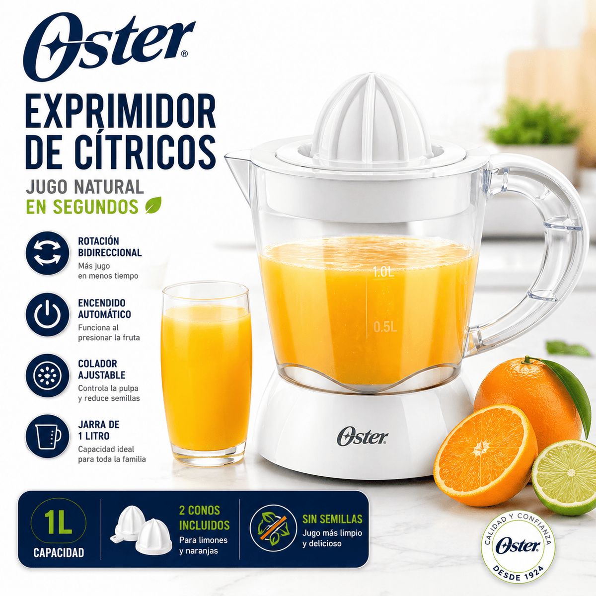 OSTER - Exprimidor de Cítricos Oster 1L FPSTJU407W Automático + 2 Conos - Jugo Natural Sin Semillas Blanco