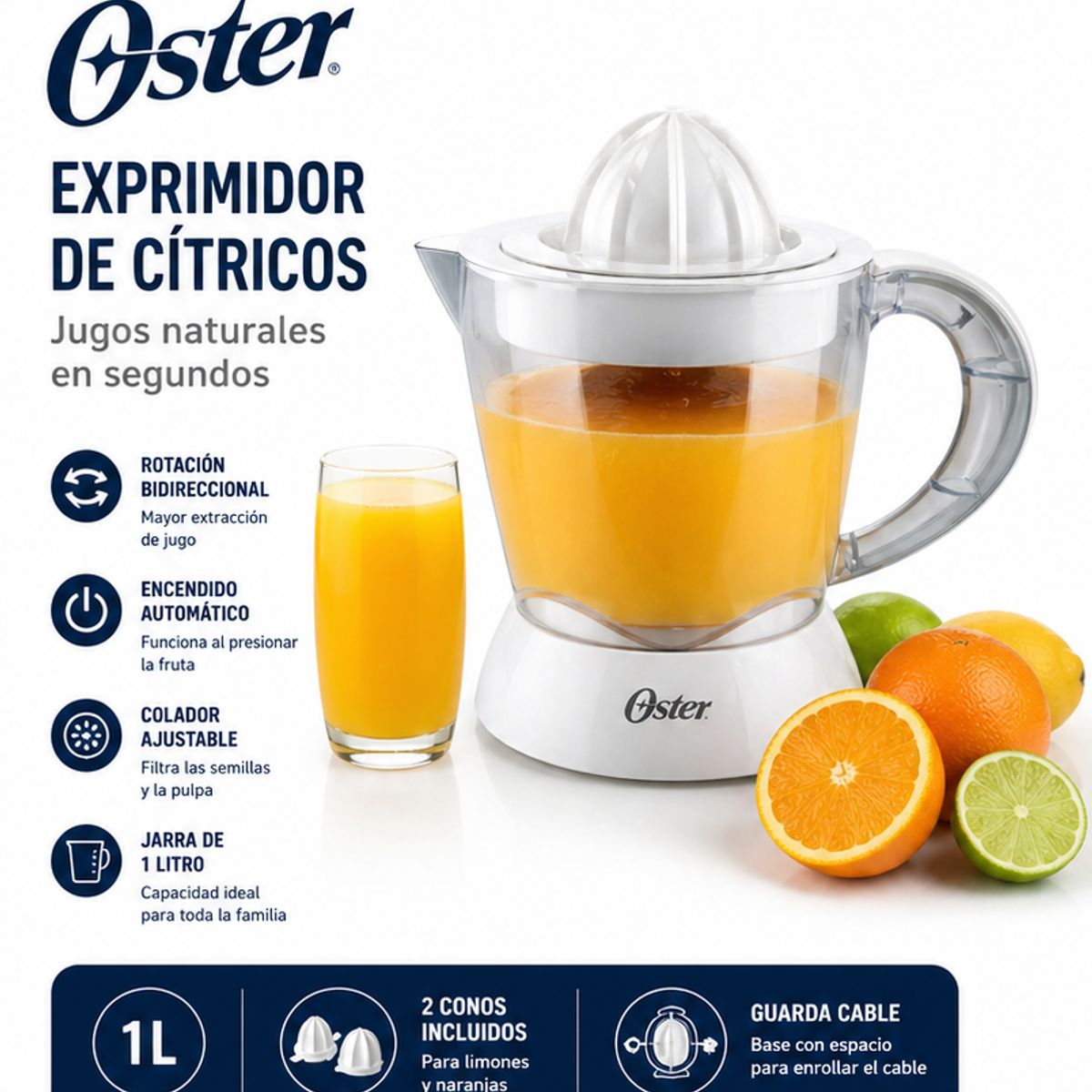 OSTER - Exprimidor de Cítricos Oster 1L FPSTJU407W Automático + 2 Conos - Jugo Natural Sin Semillas Blanco