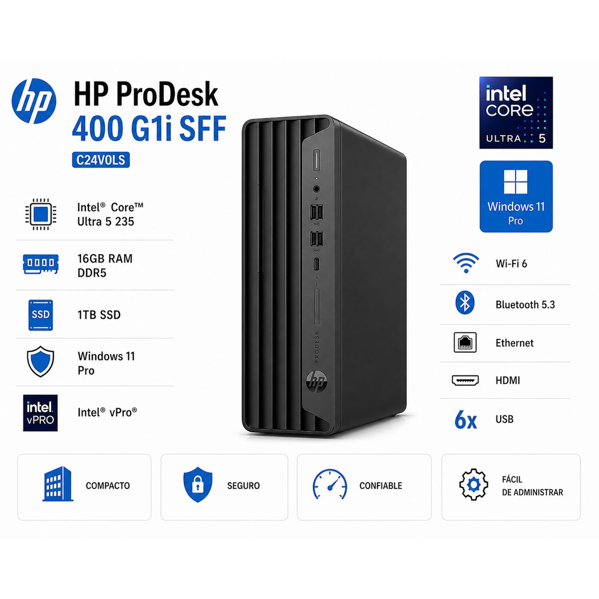 HP - Computadora HP ProDesk 400 G1i SFF Core Ultra 5 235 16GB RAM 1TB SSD Windows 11 Pro vPro
