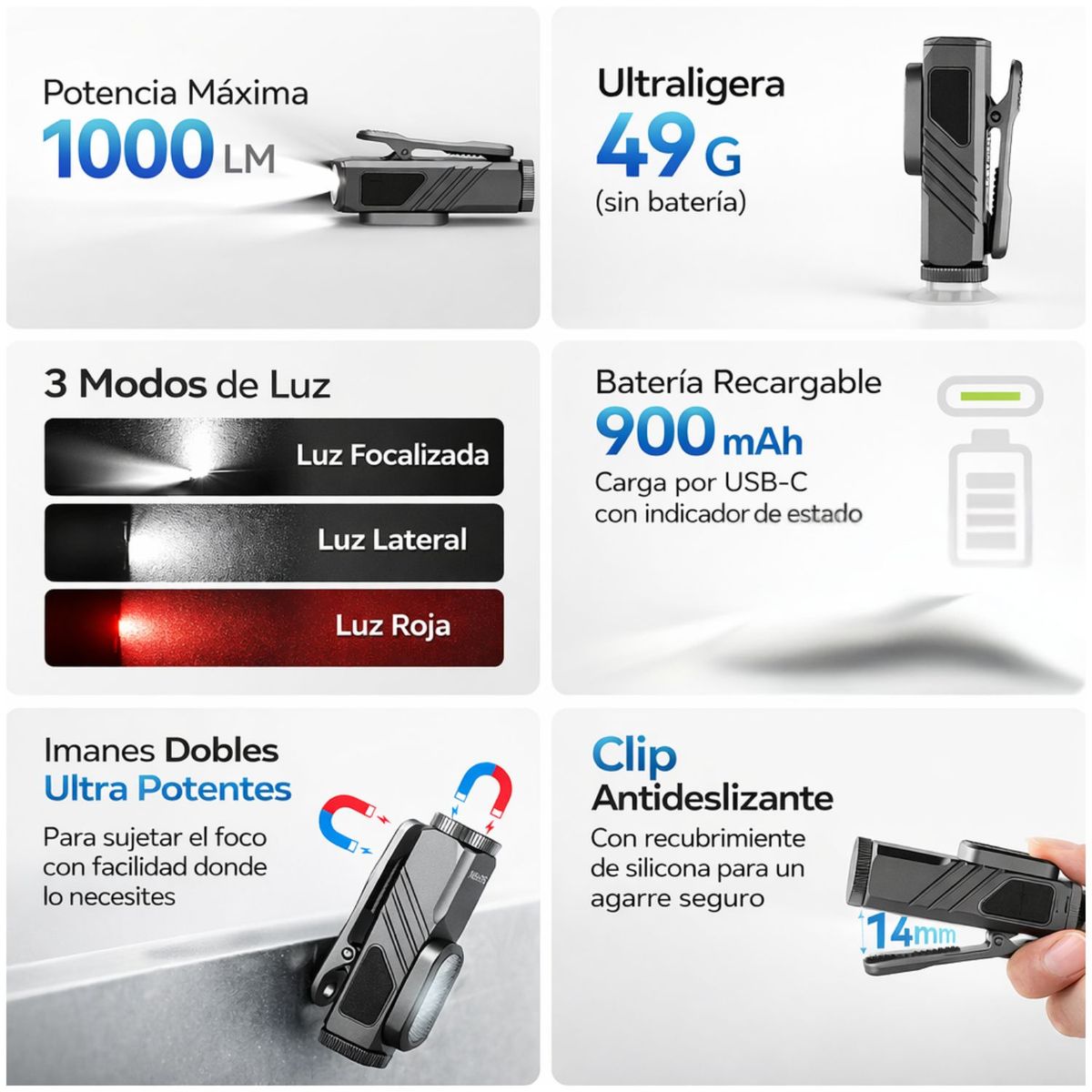 OEM - Linterna Multifunción Recargable USB-C con Luz Amplia Enfocada y Diseño Compacto