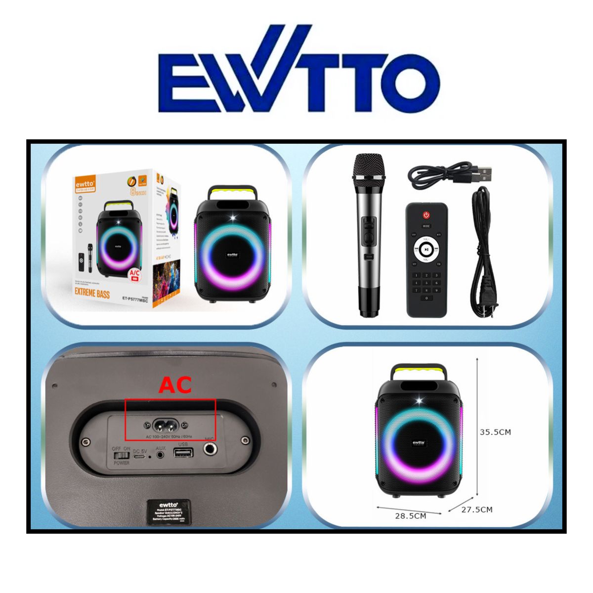 EWTTO - Parlante EWTTO Inalámbrico 8 Pulgadas 40 Watts 3600 mAh BT/AUX/USB/TF + Micrófono ET-P5777MBC (2026)