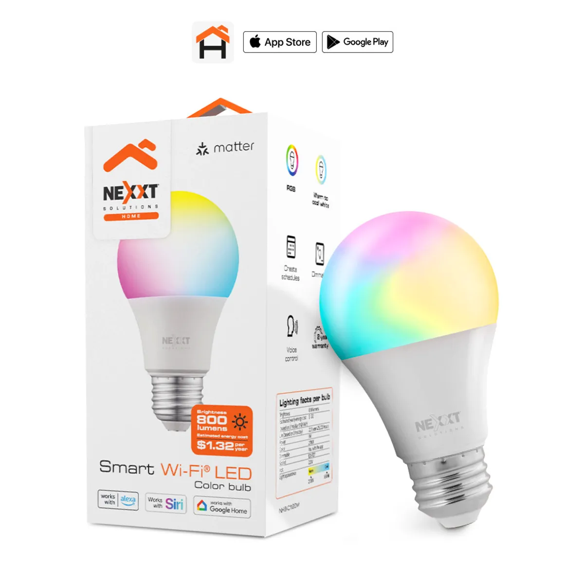 NEXXT SOLUTIONS - Foco Inteligente WiFi LED Nexxt 2-Pack RGB, Compatible con Alexa, Siri y Google Assistant