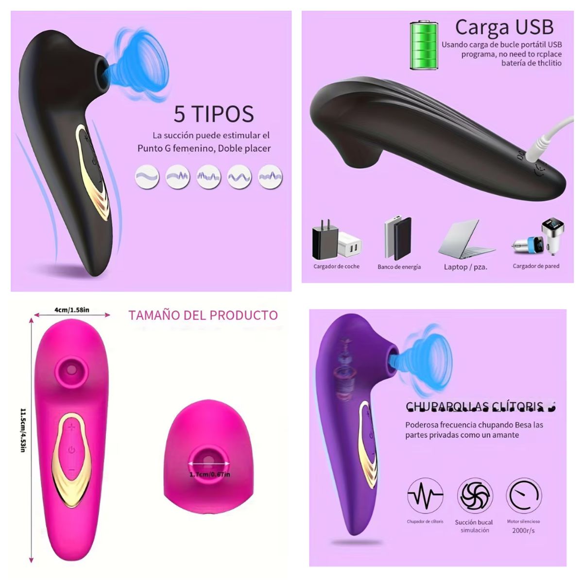 GENERICO - Vibrador Sexual Succión Recargable con 5 Modos Silicona ABS, Estimulador Compacto Impermeable