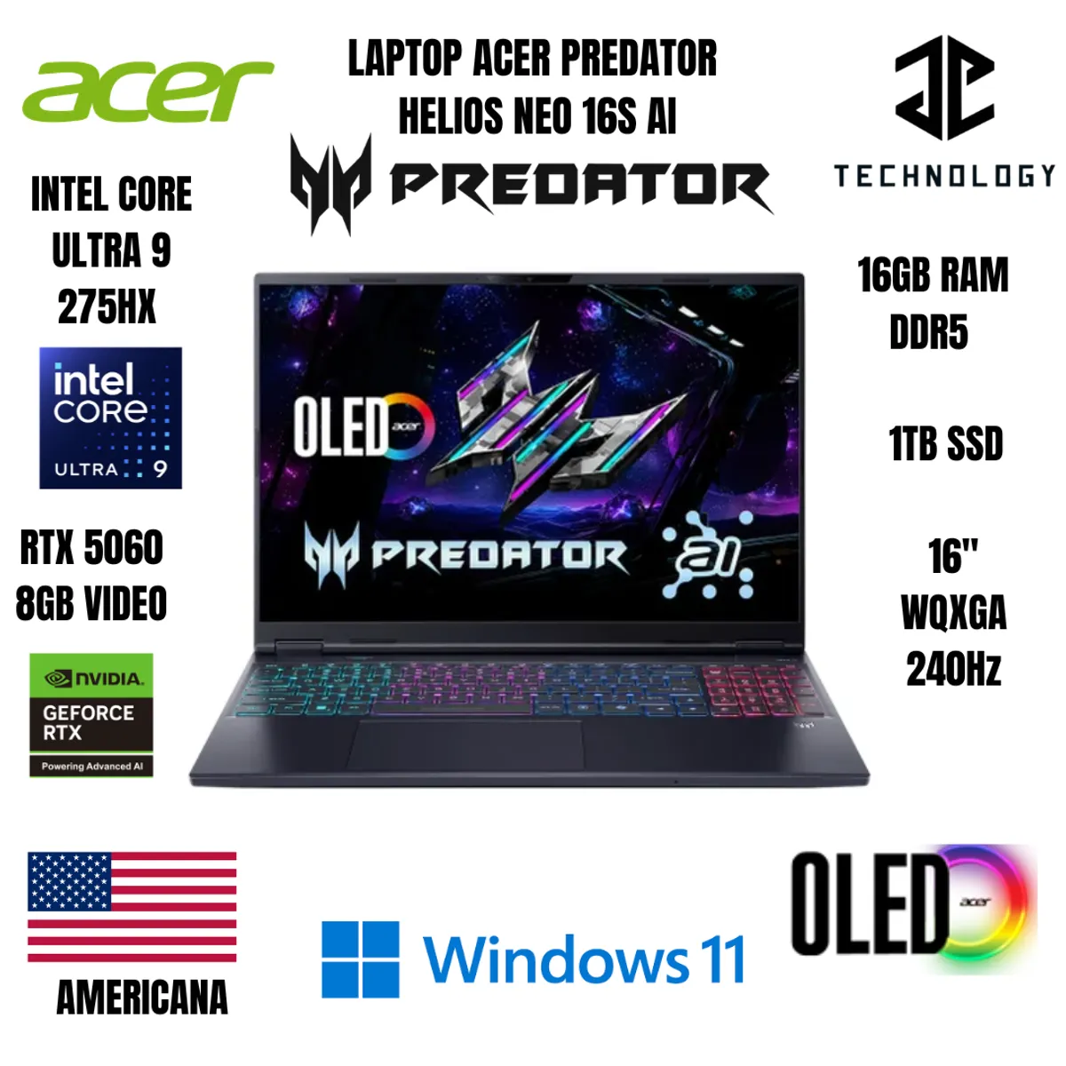 ACER - LAPTOP ACER PREDATOR NEO 16S AI ULTRA 9 275HX / 16GB RAM DDR5 / 1TB SSD / RTX 5060 8GB VIDEO.