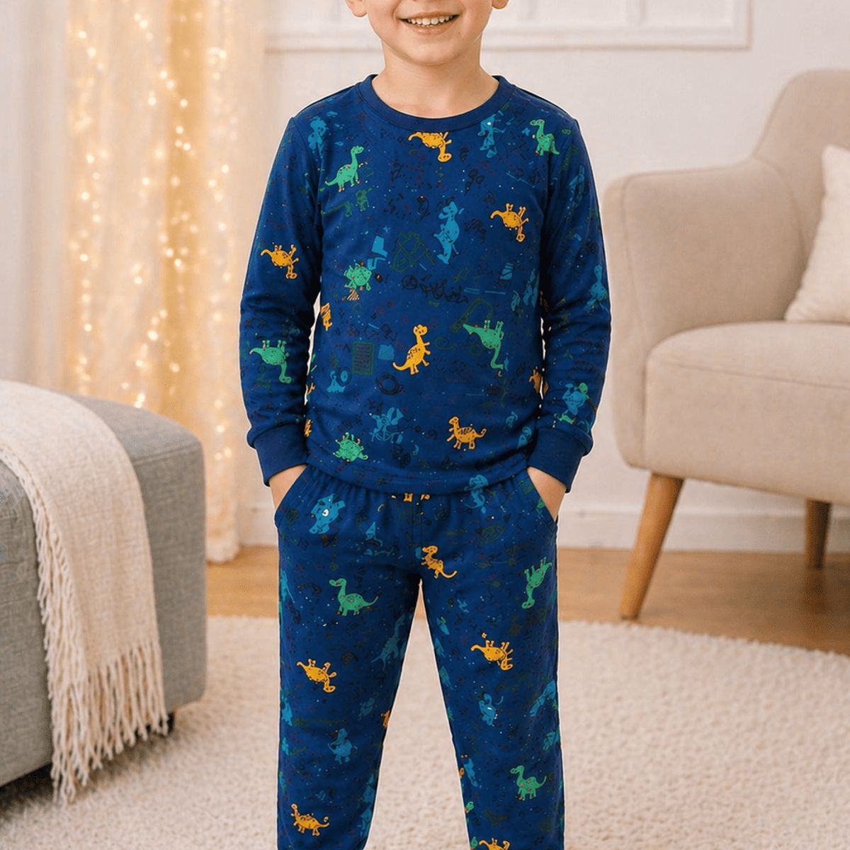 GENERICO - Conjunto de Pijama de Dormir para Niños de Dinosaurios - Manga Larga de Algodon Unisex Azul