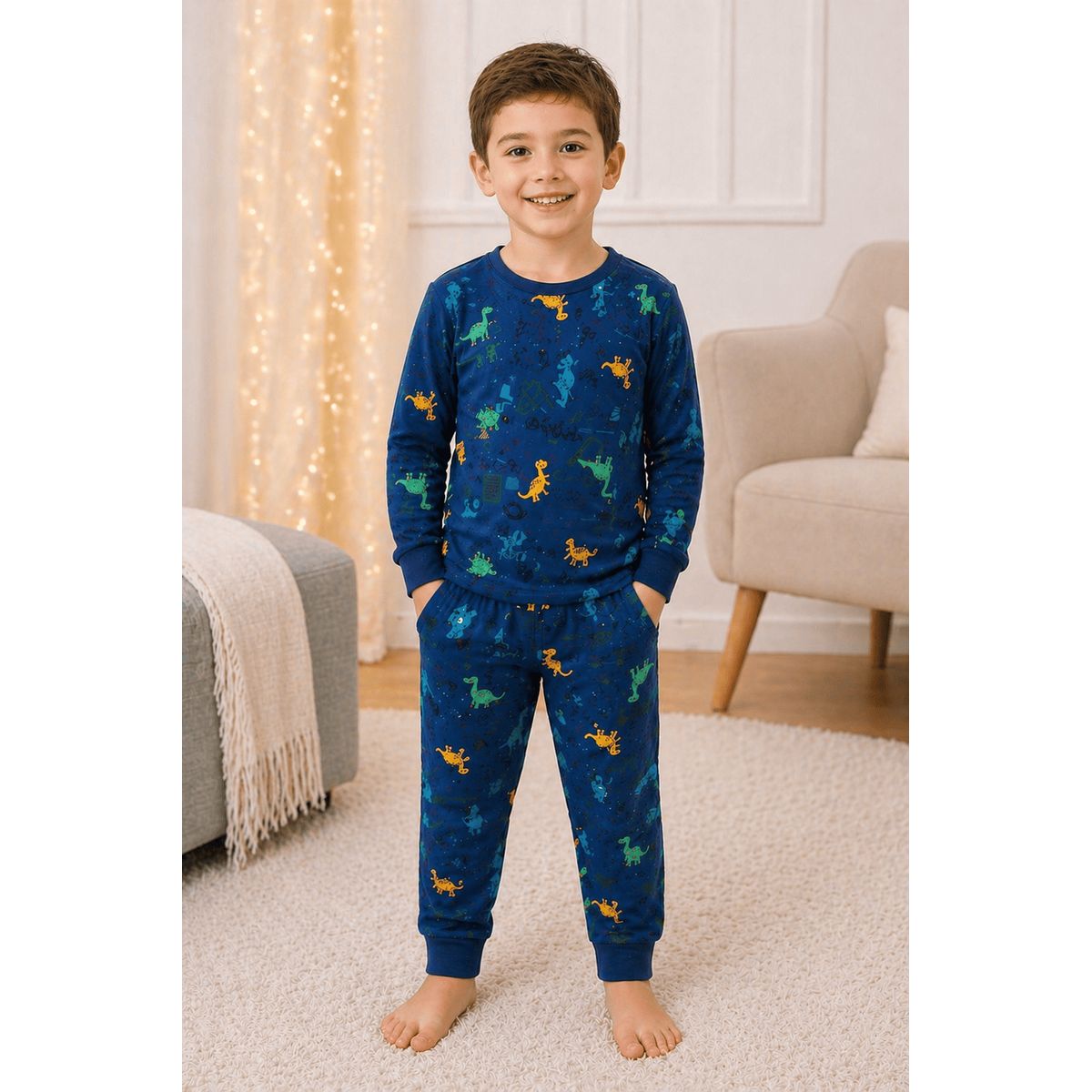 GENERICO - Conjunto de Pijama de Dormir para Niños de Dinosaurios - Manga Larga de Algodon Unisex Azul