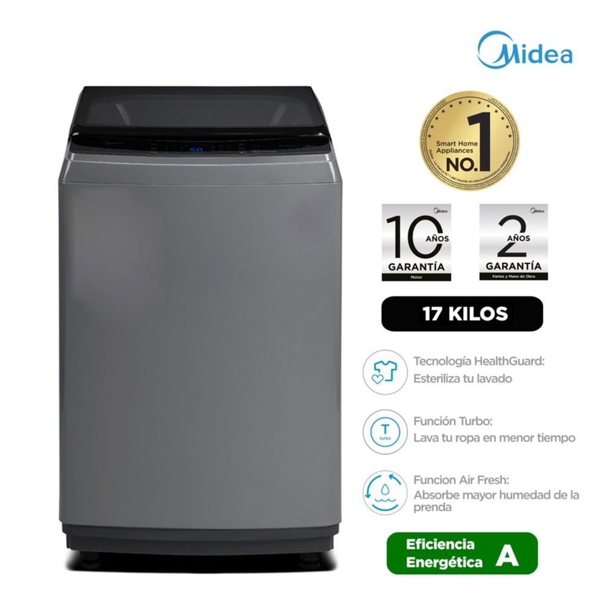 MIDEA - Lavadora carga superior 17 Kg Gris Midea MA200W170/G-PE