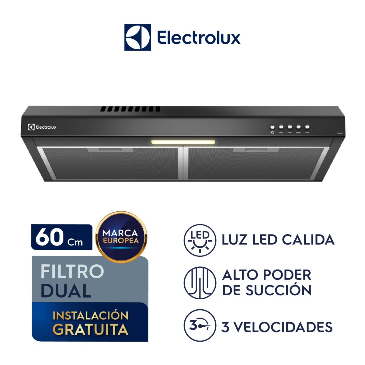 ELECTROLUX - Campana Extractora Electrolux 60cm Alto Poder de Succión e iluminación LED Negra DE6SB