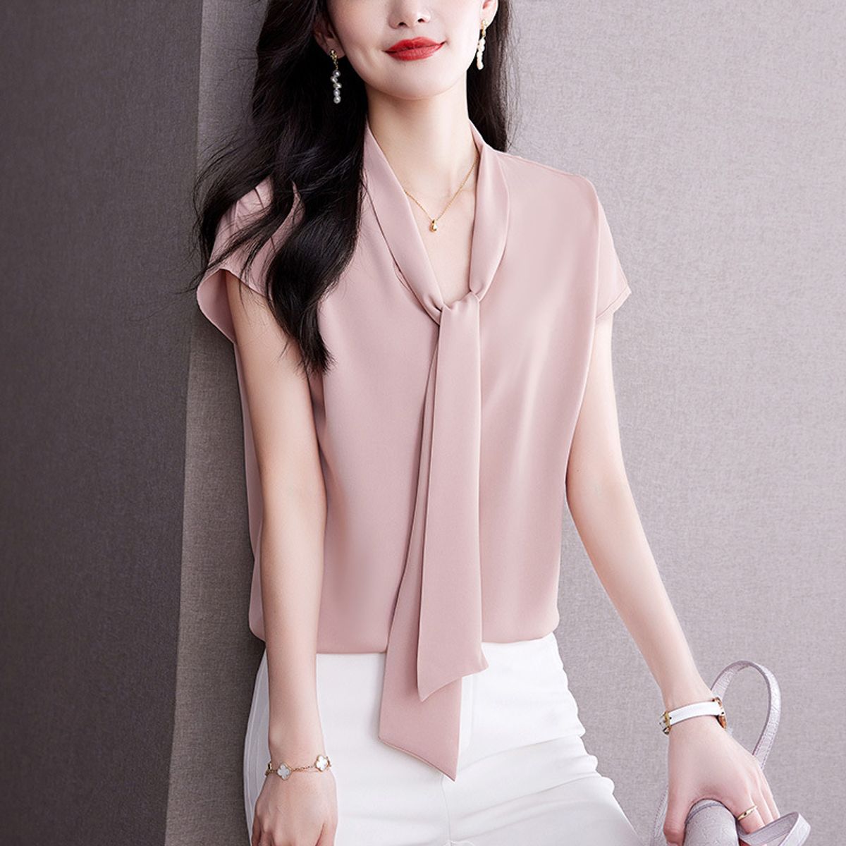 GENERICO - Blusa de Gasa con Lazo Frontal en Rosa Pastel - Blusa Rafaela