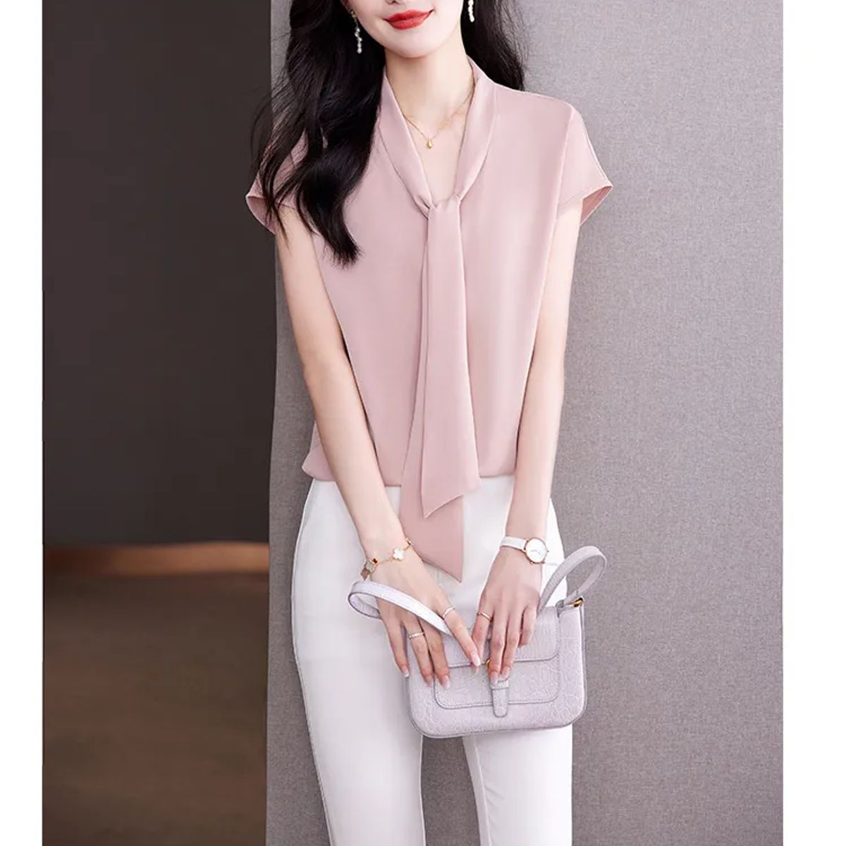 GENERICO - Blusa de Gasa con Lazo Frontal en Rosa Pastel - Blusa Rafaela
