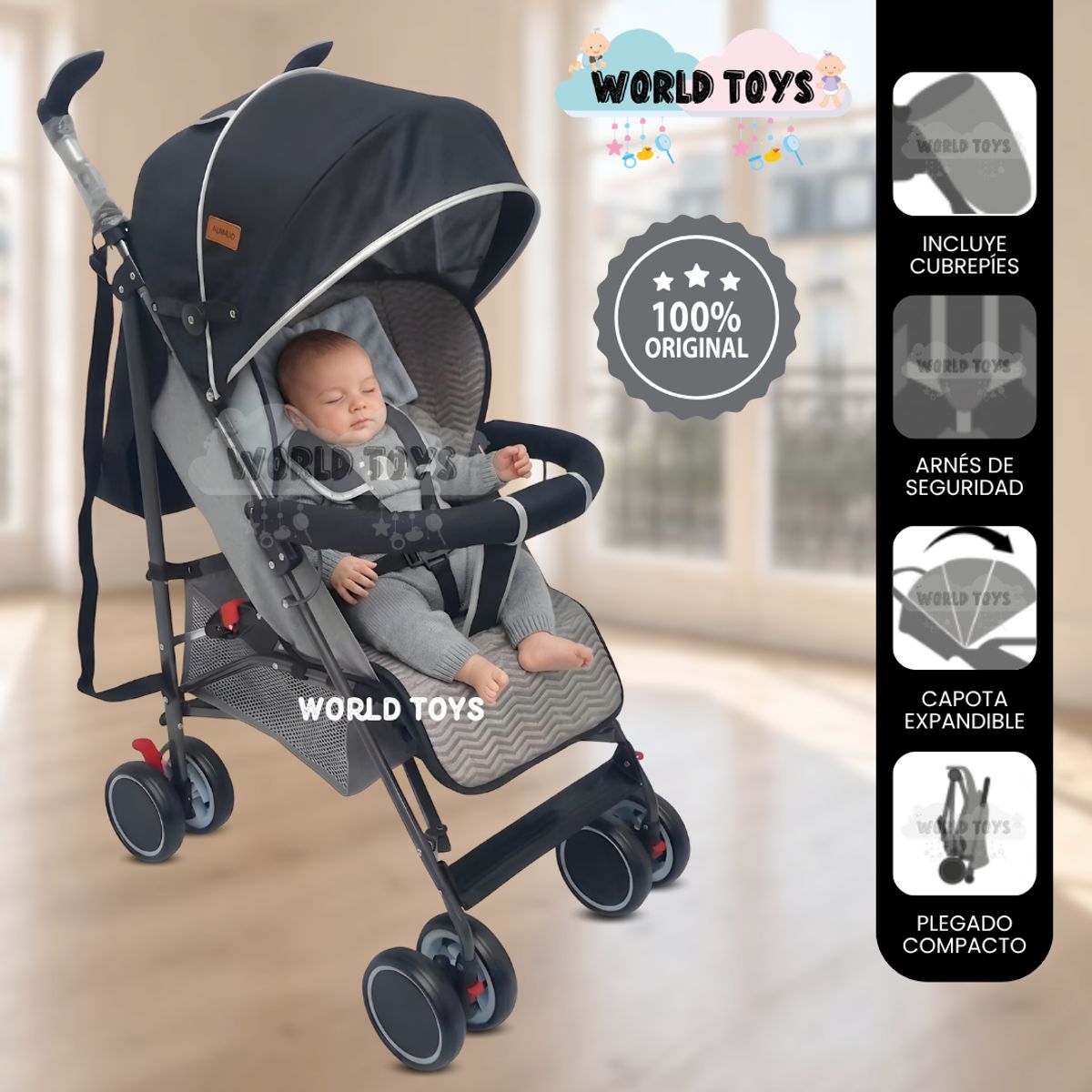 Baby - Coche Bastón Plegado Compacto «LORY» Edición Exclusiva Black