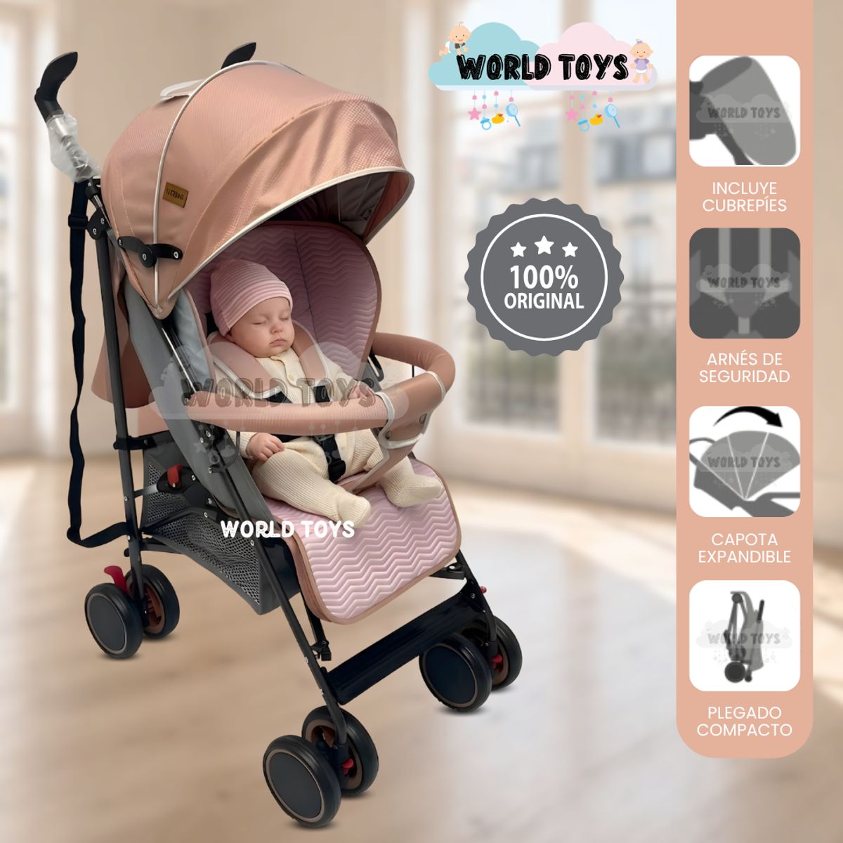 Baby - Coche Bastón Plegado Compacto «LORY» Edición Exclusiva Melón