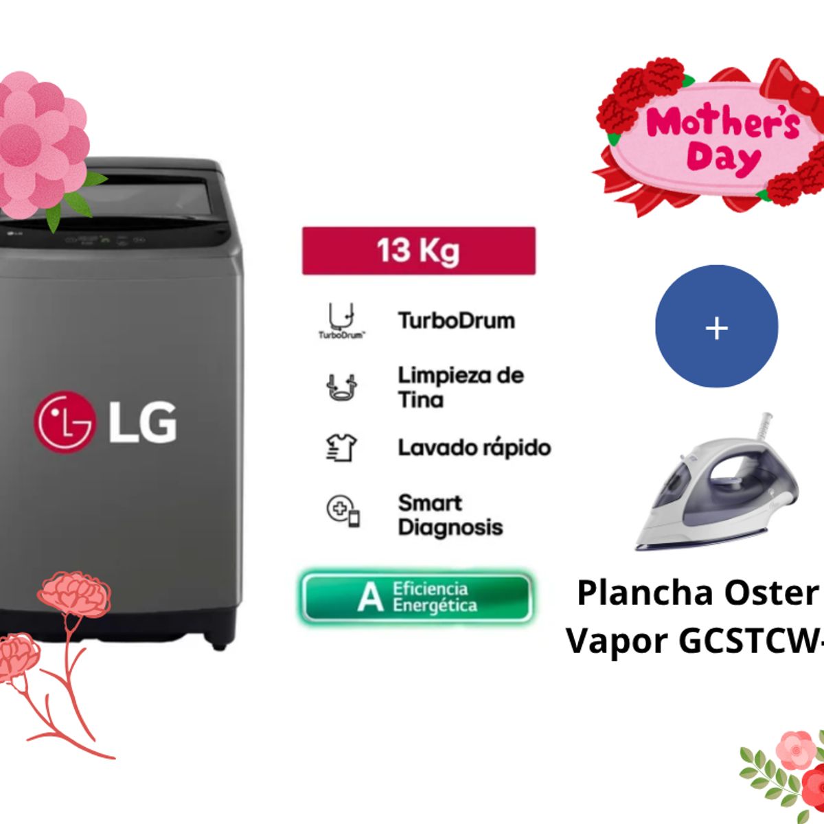 LG - Lavadora LG WT13BVTB Turbodrum Carga Superior 13kg Negro Claro + Plancha Oster de Vapor GCSTCW-317