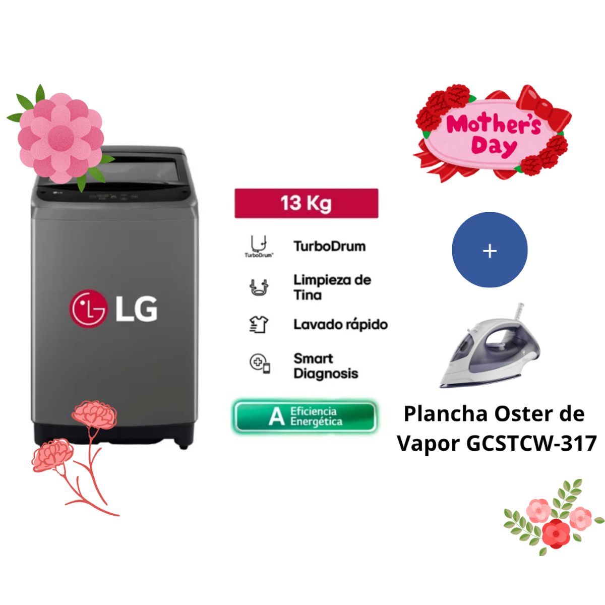 LG - Lavadora LG WT13BVTB Turbodrum Carga Superior 13kg Negro Claro + Plancha Oster de Vapor GCSTCW-317