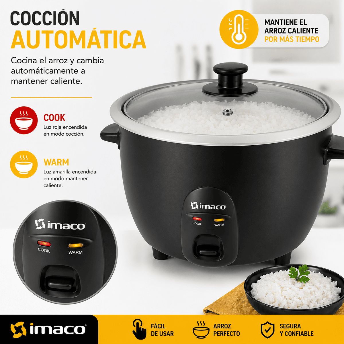 IMACO - Olla Arrocera Imaco RC15N 1.5L 500W  Cocina Automática + Función Mantener Caliente  Incluye Taza y Cuchara