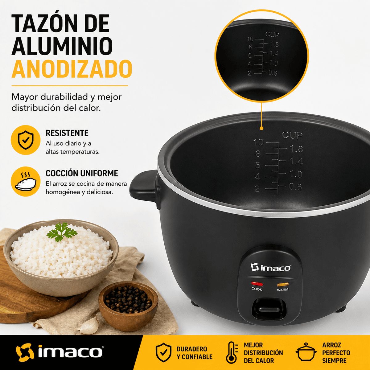 IMACO - Olla Arrocera Imaco RC15N 1.5L 500W  Cocina Automática + Función Mantener Caliente  Incluye Taza y Cuchara