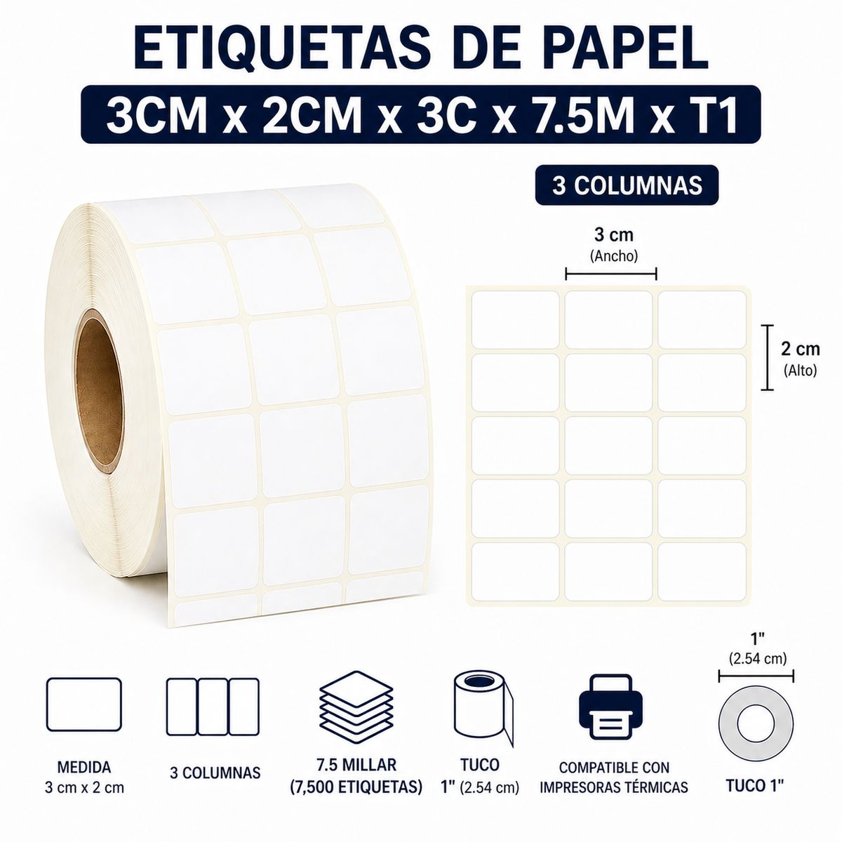 ZEBRA - Etiquetas de Papel 3cm x 2cm 3 Columnas x 7500 Unidades - Tuco 1" para Impresora
