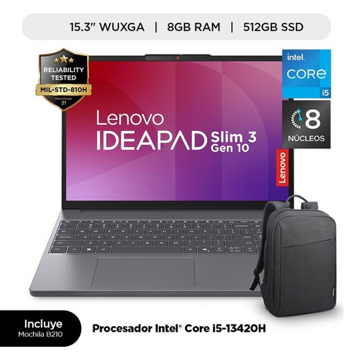 LENOVO - NOTEBOOK LENOVO 15.3 WUXGA INTEL I5-13420H 8GB 512GB WINDOWS 11 HOME - LUNA GREY + MOCHILA LENOVO
