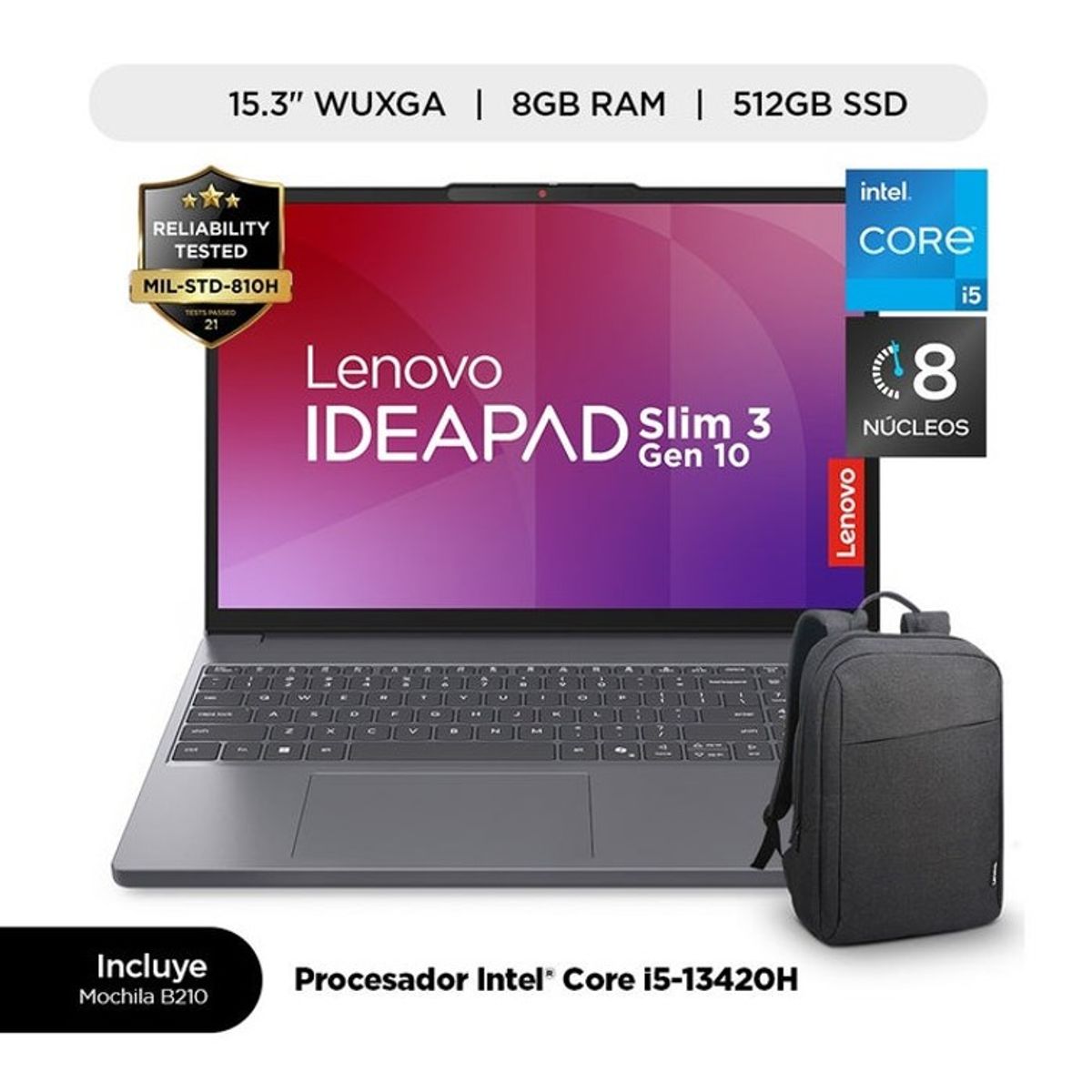 LENOVO - NOTEBOOK LENOVO 15.3 WUXGA INTEL I5-13420H 8GB 512GB WINDOWS 11 HOME - LUNA GREY + MOCHILA LENOVO