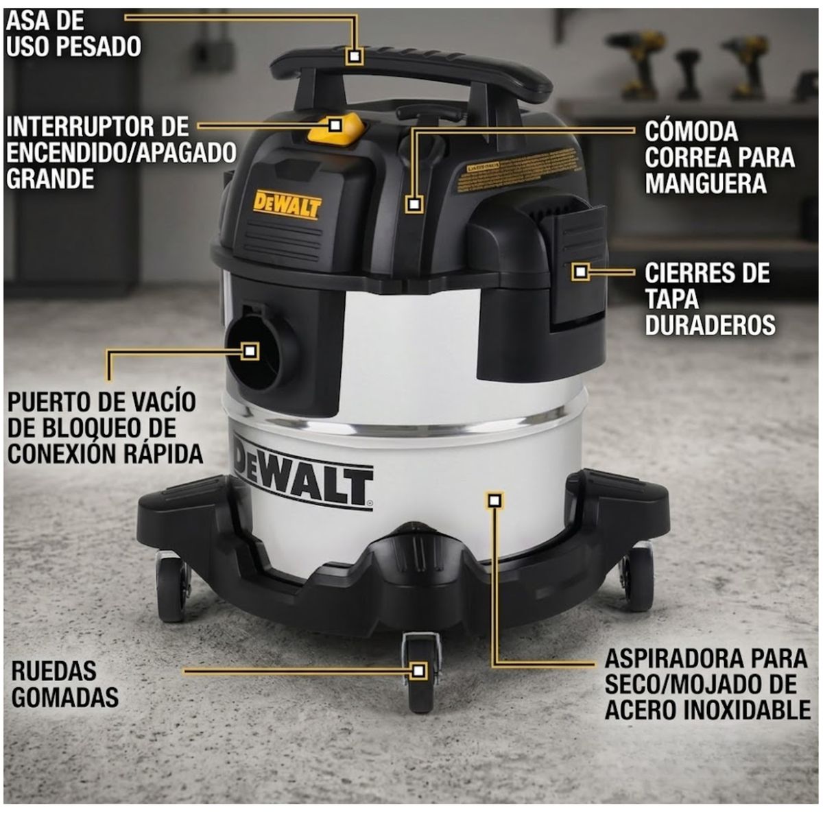 DEWALT - ASPIRADORA SOPLADORADE POLVO Y LIQUIDO 20 LITROS 1050W ACERO INOXIDABLE DXV20S-B2 DEWALT