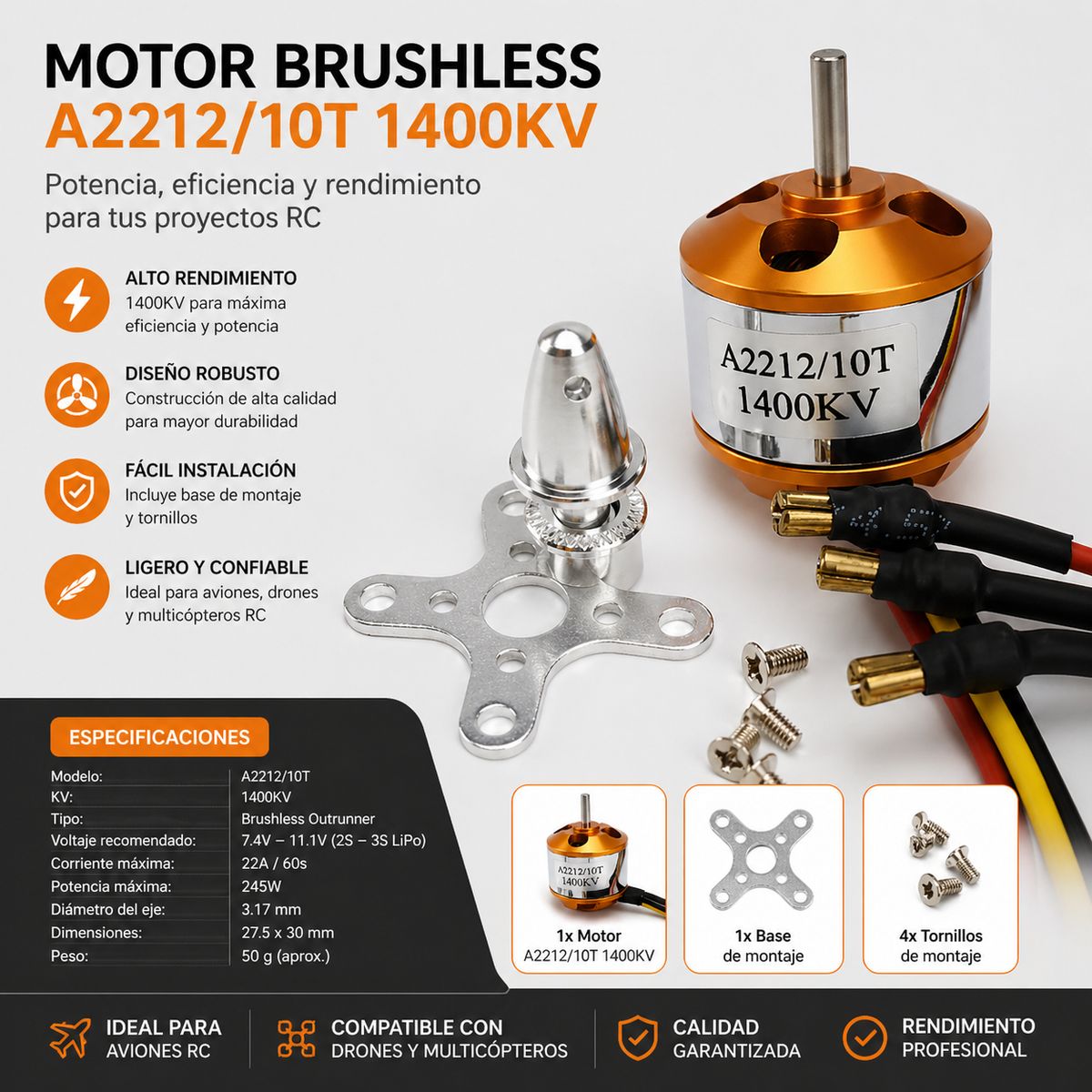 GENERICO - Motor Brushless  A2212 1400KV 10T para Drone y Avión RC + Accesorios