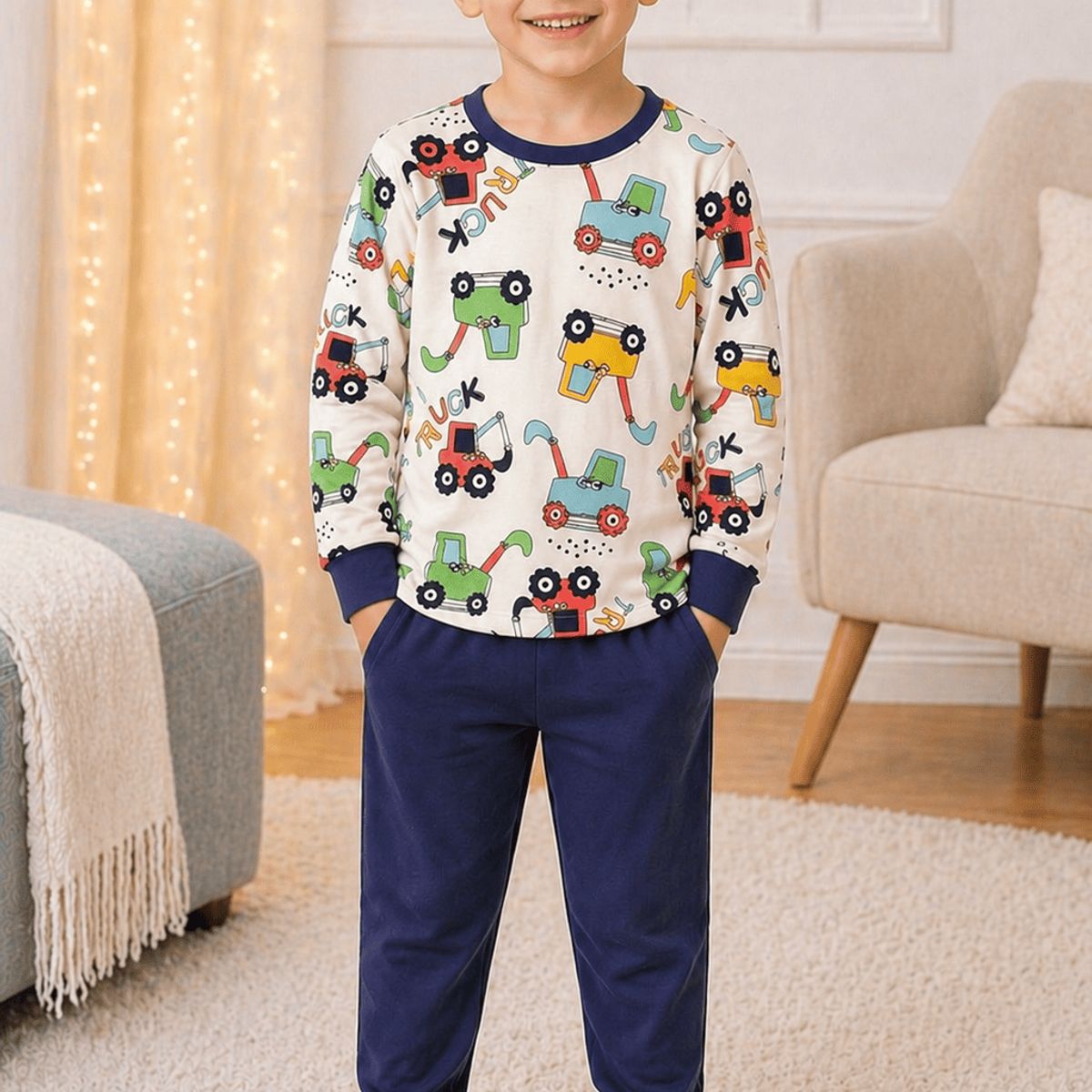 GENERICO - Conjunto Pijama para dormir para Niño de Construccion - Manga Larga de Algodon