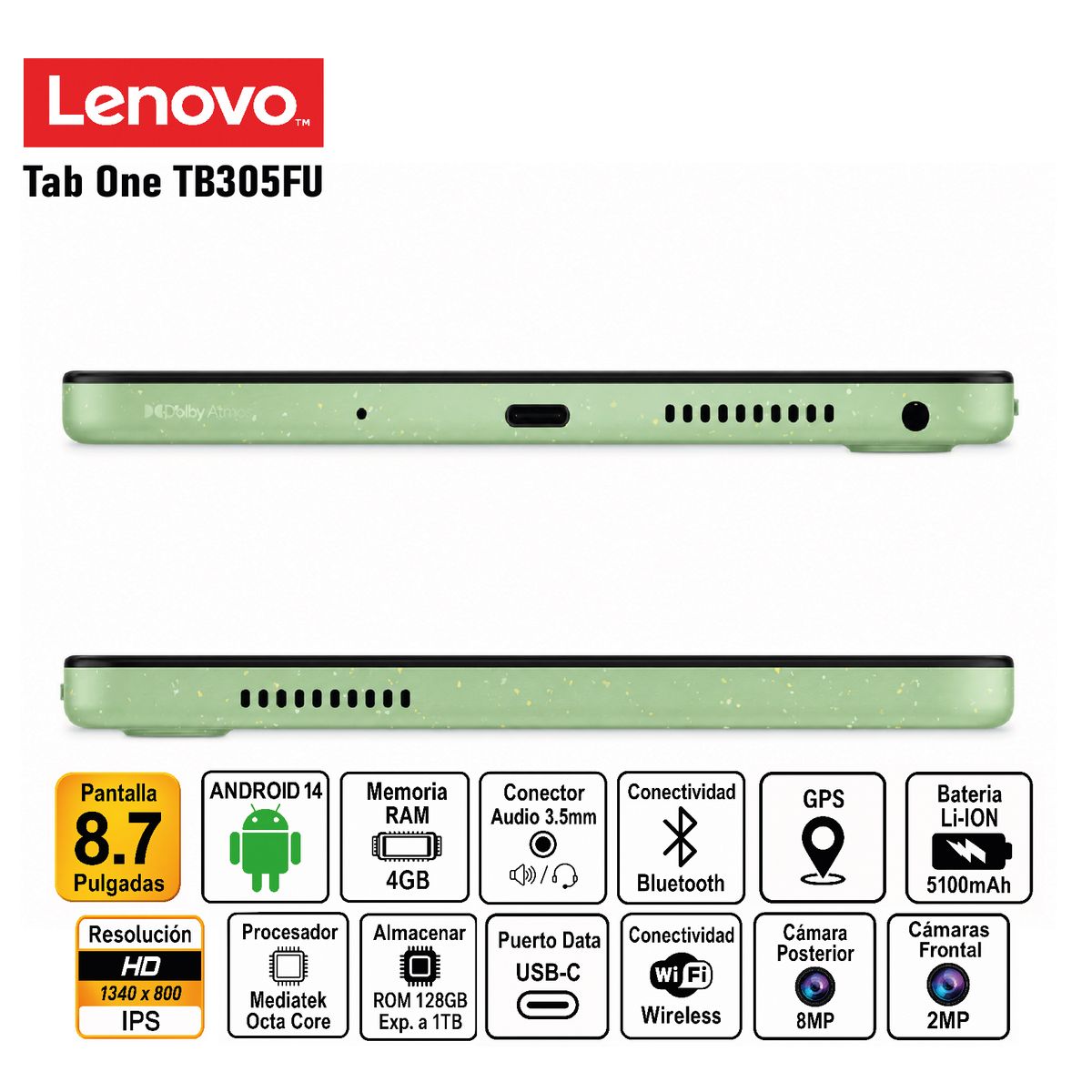 LENOVO - Tablet Lenovo Tab One TB305FU 8.7 HD IPS MediaTek Helio G85, 4GB RAM, 128GB, Android 14, WiFi, Dolby Atmos