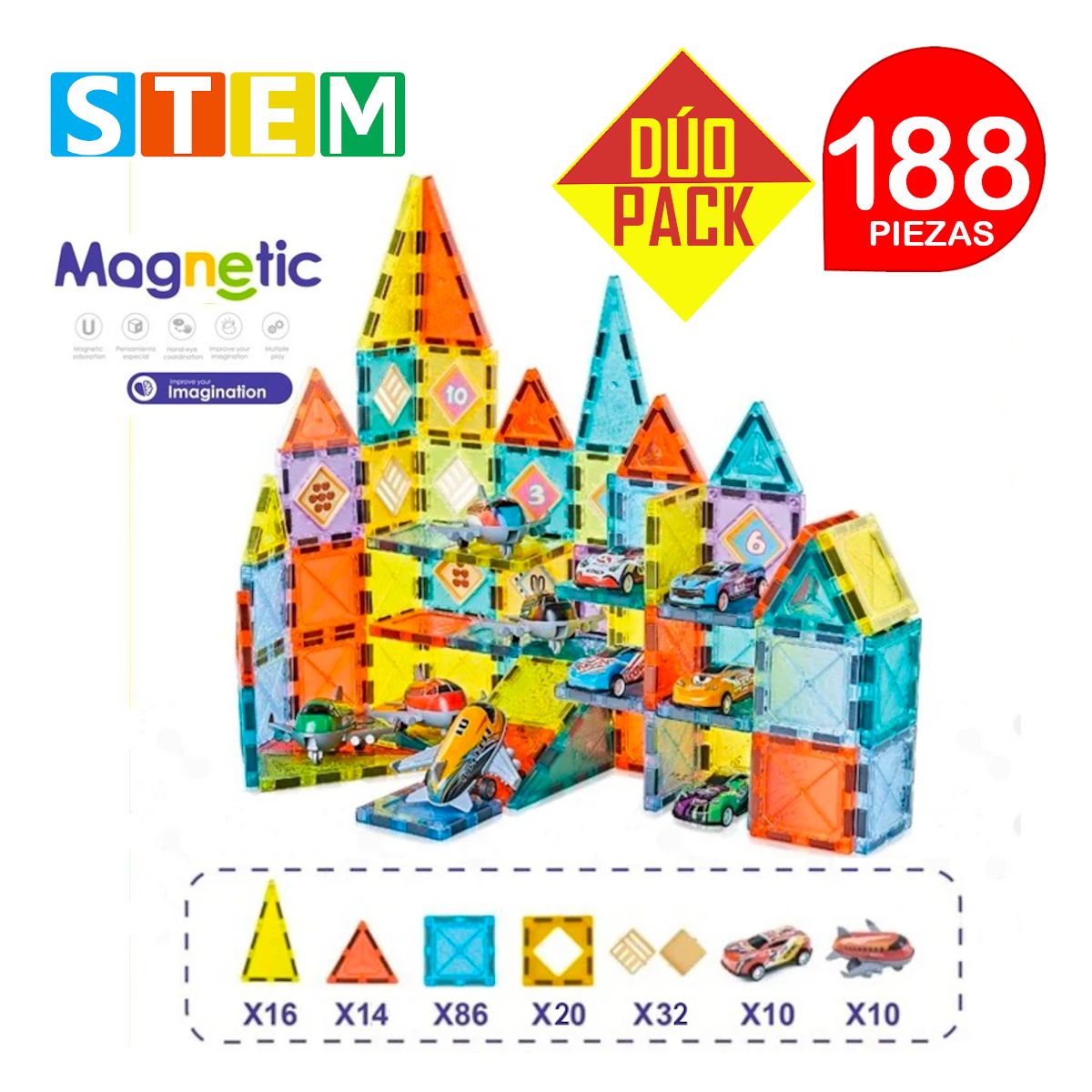 STM - Bloques magnéticos didácticos STEM MAGNETIC 94pz DÚO PACK 188 piezas