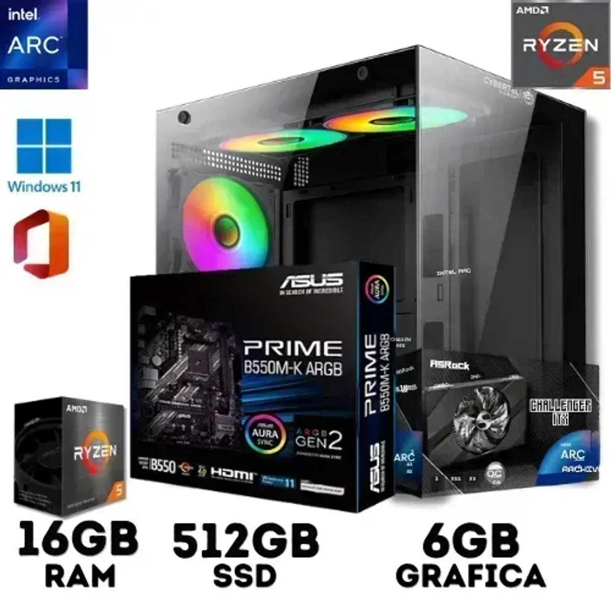 AMD - ComputadoraPC Gamer Ryzen 53500x+ Grafica 6GB, 16GB RAM DDR4, SSD 512GB.