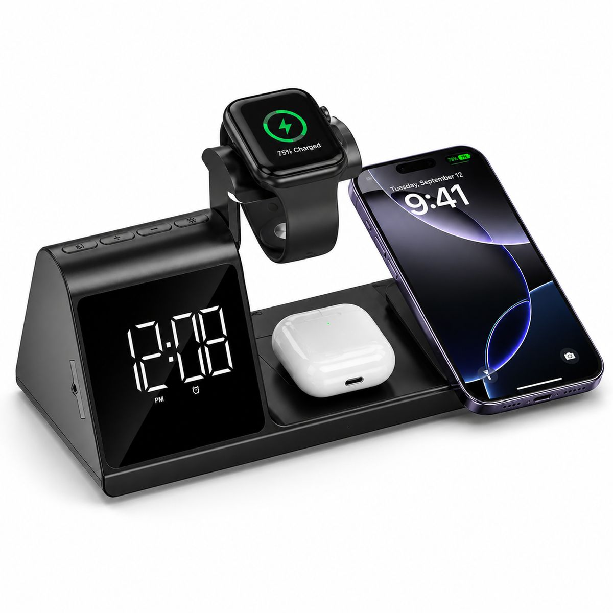 HAVIT - Cargador Inalámbrico 3 en 1 Havit W3042 15W con Reloj LED Estación de Carga iPhone Apple Watch