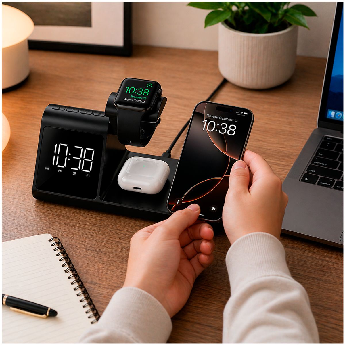 HAVIT - Cargador Inalámbrico 3 en 1 Havit W3042 15W con Reloj LED Estación de Carga iPhone Apple Watch