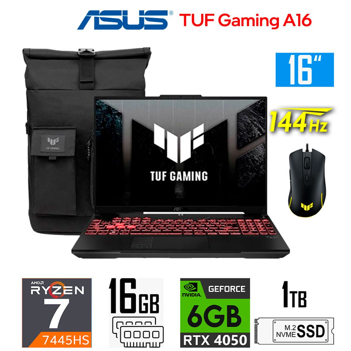 ASUS - Laptop Asus TUF Gaming A16 FA607 Ryzen 7-7445HS Nvidia 6gb RTX4050 16gb Ram 1tb ssd 16 Wuxga 144Hz