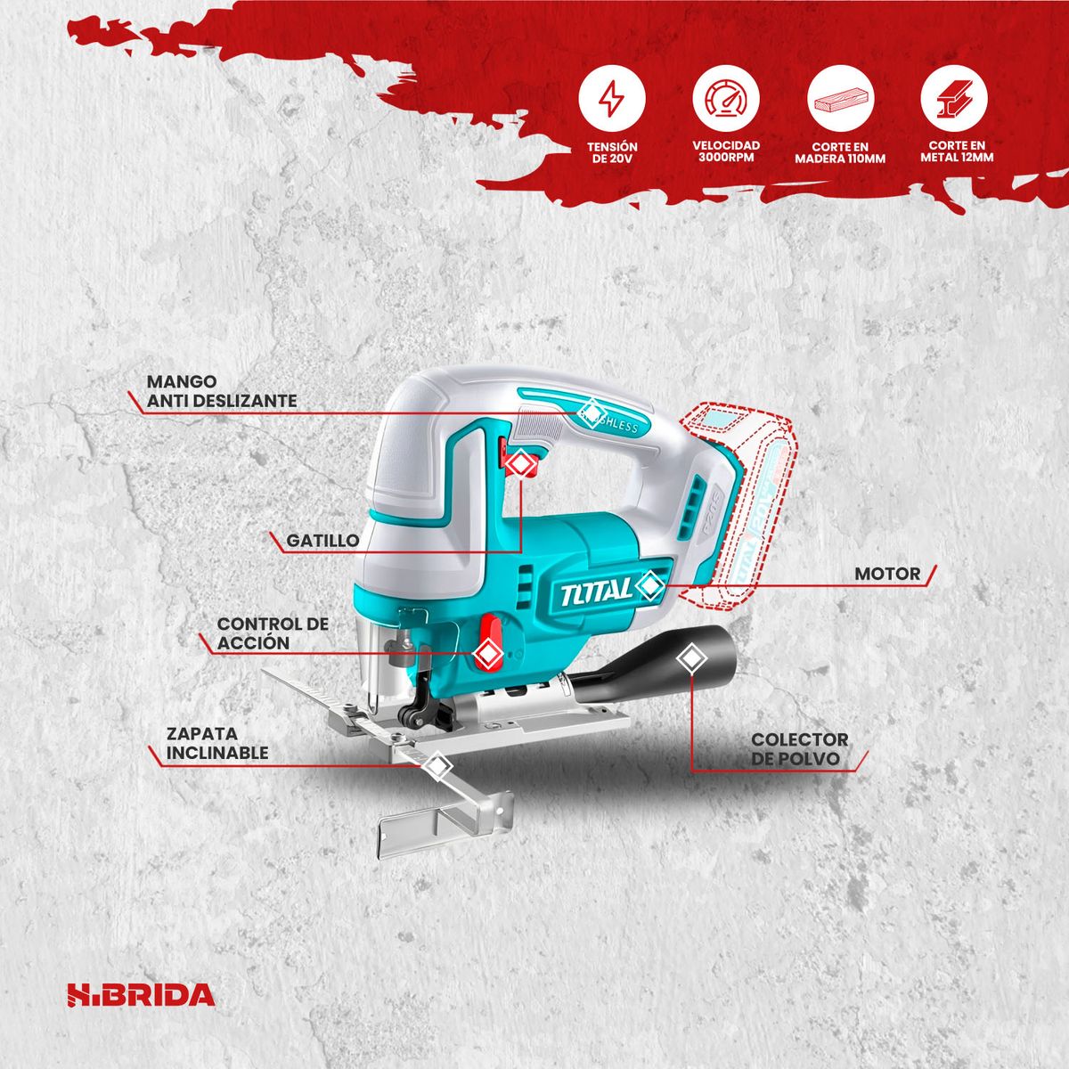 TOTAL TOOLS - Caladora 20V Brushless 3000RPM de Velocidad + 5 hojas de Sierra TOTAL