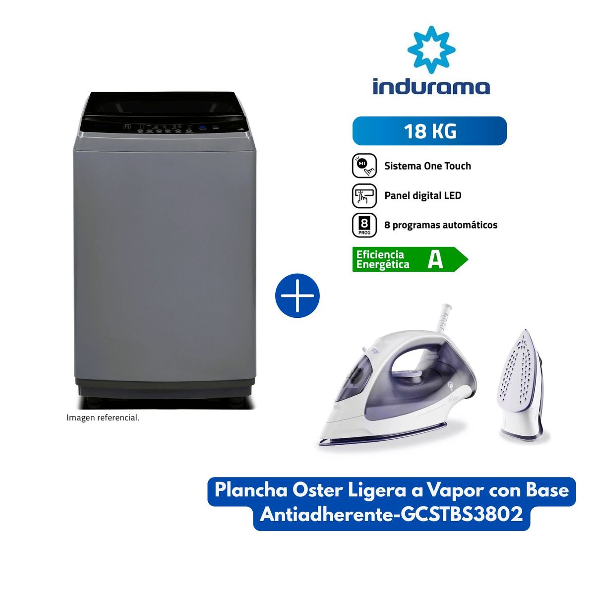 INDURAMA - Lavadora Indurama Automática 18 Kg Carga Superior Gris LRI-18DGR +  Plancha Oster  a Vapor GCSTBS3802