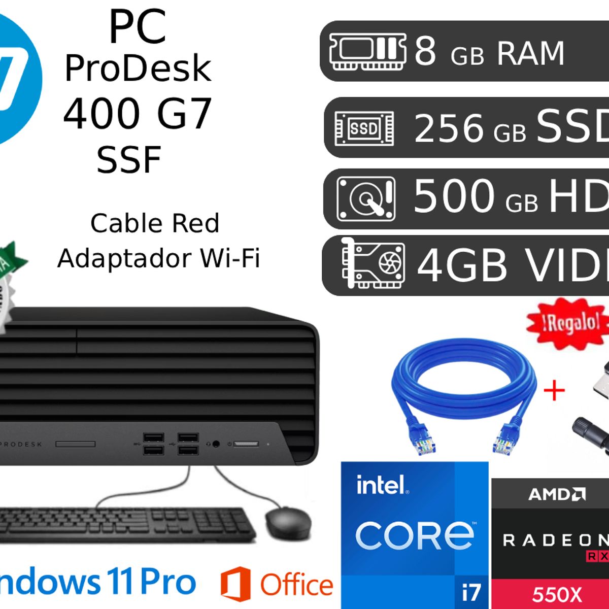 HP - HP PRODESK 400 G7 I7-10700 8GB 256GB + 500Hdd + Video 4gb RX550X REACONDICIONADA 1 AÑO GARANTIA