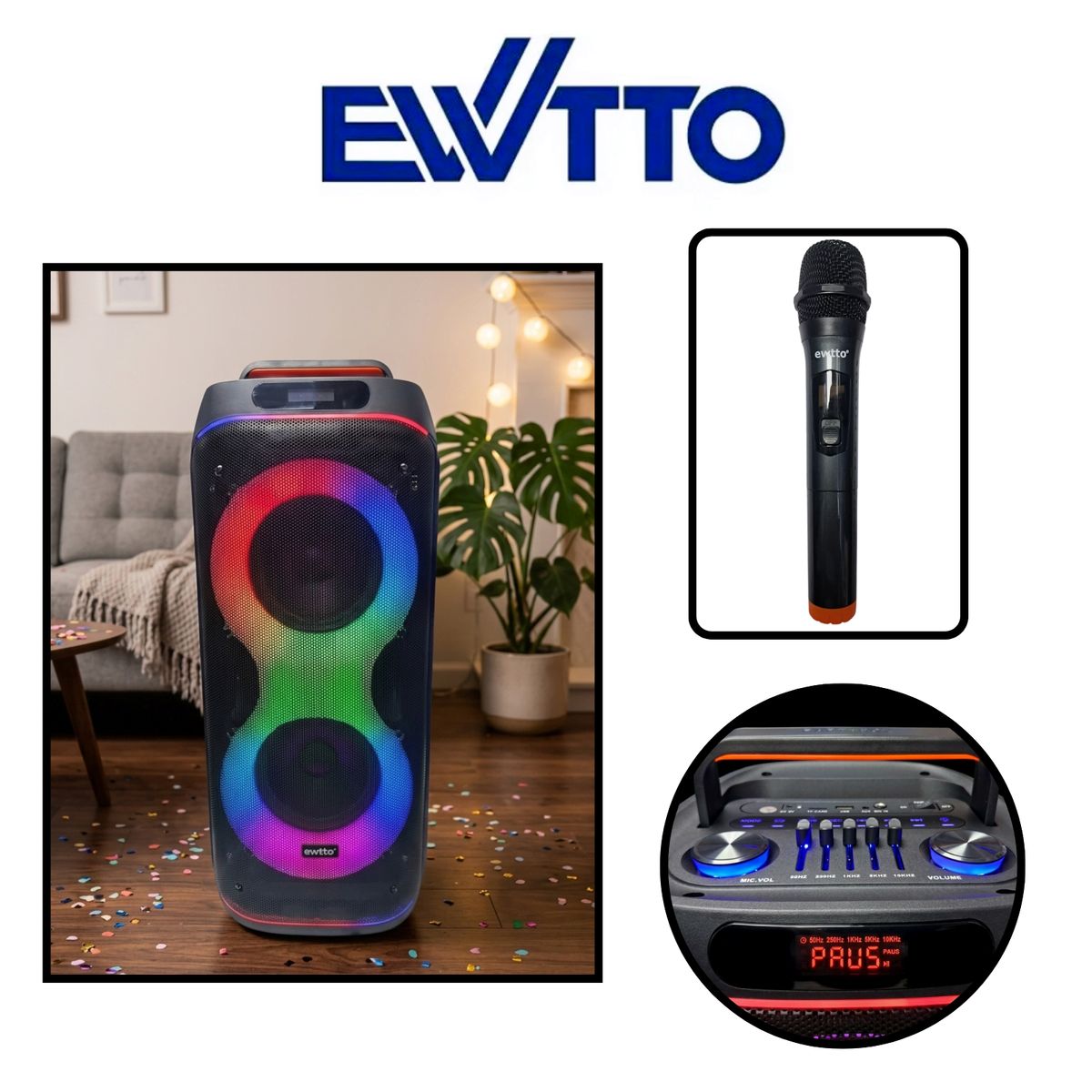 EWTTO - Parlante EWTTO 500 Watts AC BT/USB/MIC/LUZ RGB/ 4500mAh + Micrófono Inalámbrico ET-P5814MBC (2026)