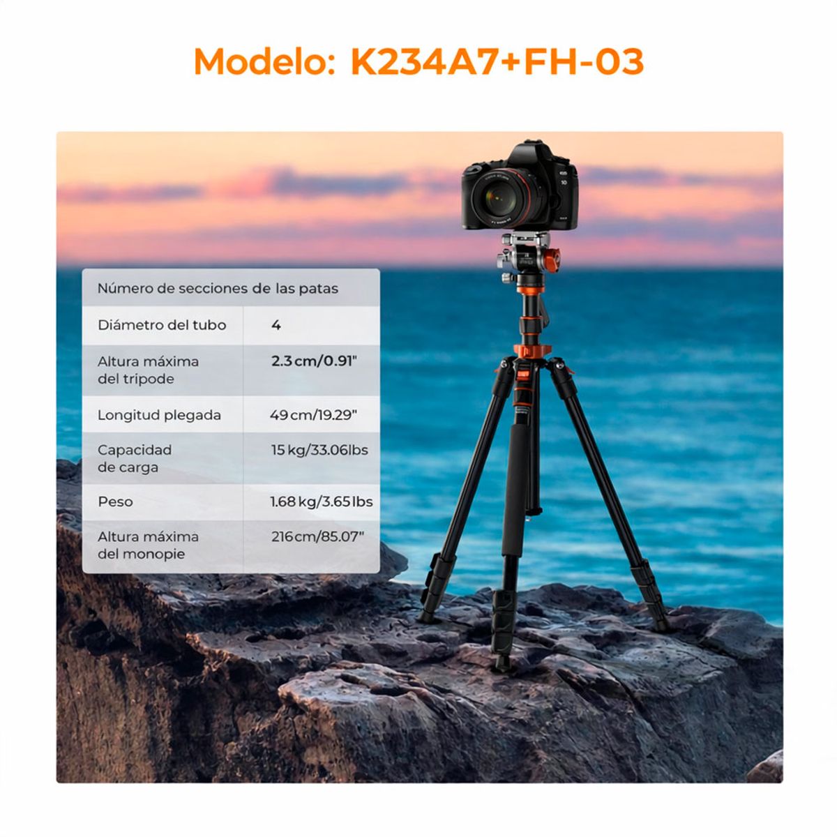 K&F CONCEPT - Tripode K&F CONCEPT KF09.136 - K234A7+FH3