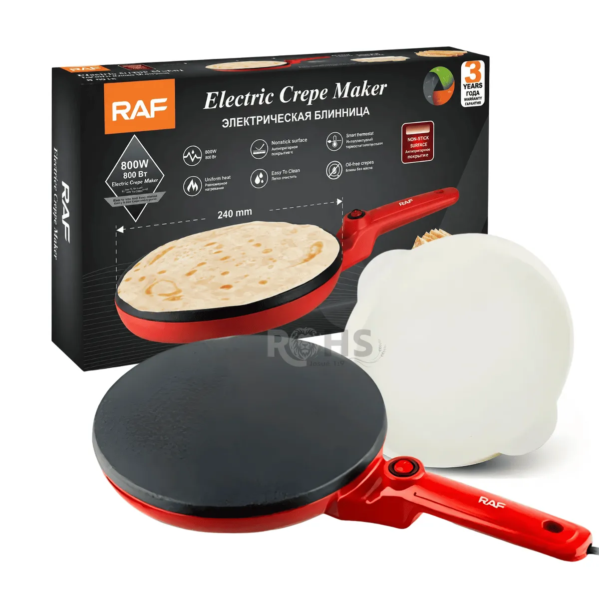 OEM - Crepera Eléctrica RAF 800W Antiadherente 24cm Para Crepes Panqueques Con Control De Temperatura