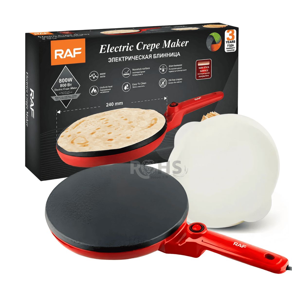 OEM - Crepera Eléctrica RAF 800W Antiadherente 24cm Para Crepes Panqueques Con Control De Temperatura