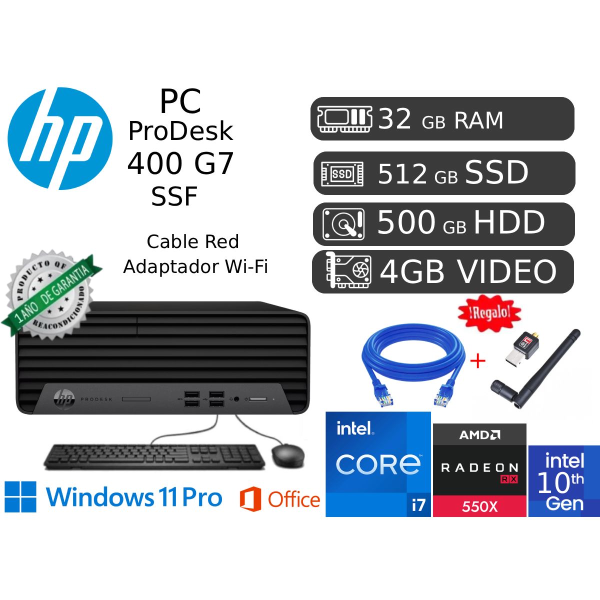 HP - HP PRODESK 400 G7 I7-10700 32GB 512GB + 500Hdd + Video 4gb RX550X REACONDICIONADA 1 AÑO GARANTIA