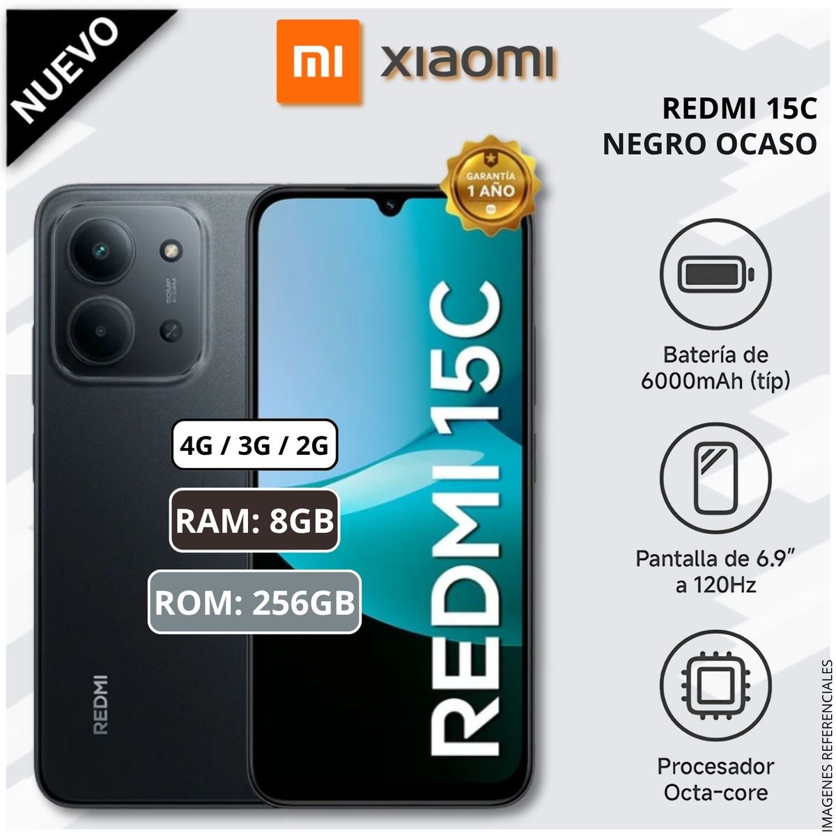 XIAOMI - Celular Smartphone Xiaomi Redmi 15C 256GB ROM 8GB RAM 6000 mAh NFC 120Hz - Negro Ocaso