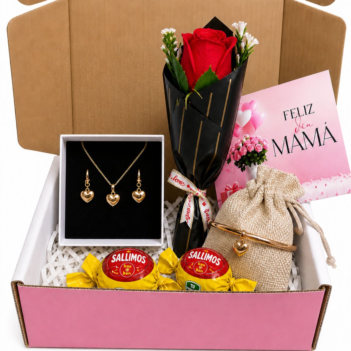 GENERICO - Set Corazon Aretes Collar y Pulsera Bañado en Oro 18k Box Regalo Dia de la Madre