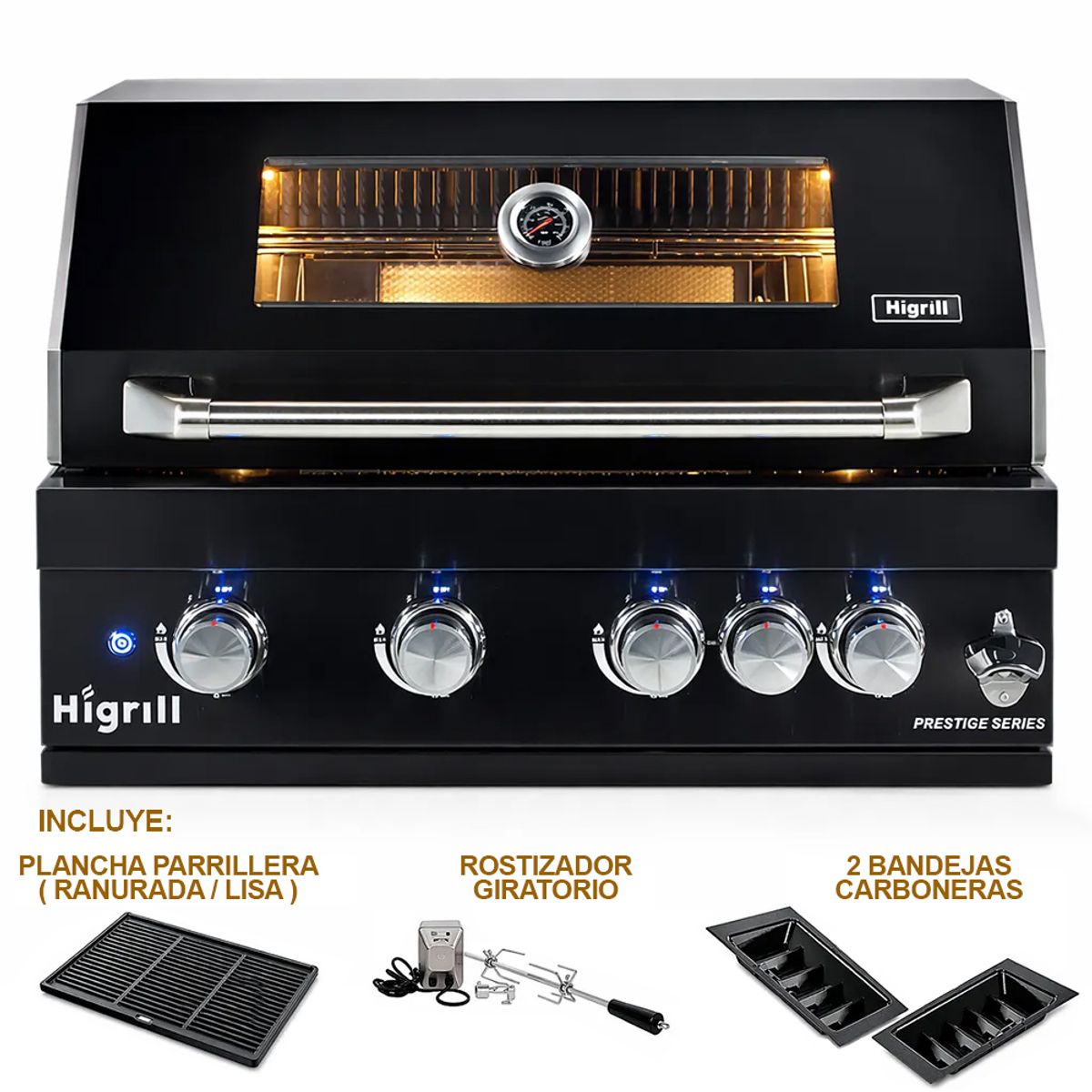 HIGRILL - Parrilla Gas y Carbón 5 Quemadores Acero Inox 304 Negro + Lavadero de Cuarzo Con Grifo y Componentes