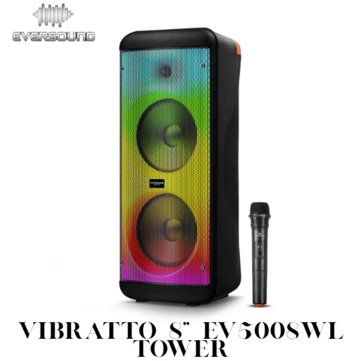 EVERSOUND - Parlante Torre Bluetooth Vibratto EV 5008WL 8” 2400mah Luces LED RGB Micrófono Inalámbrico