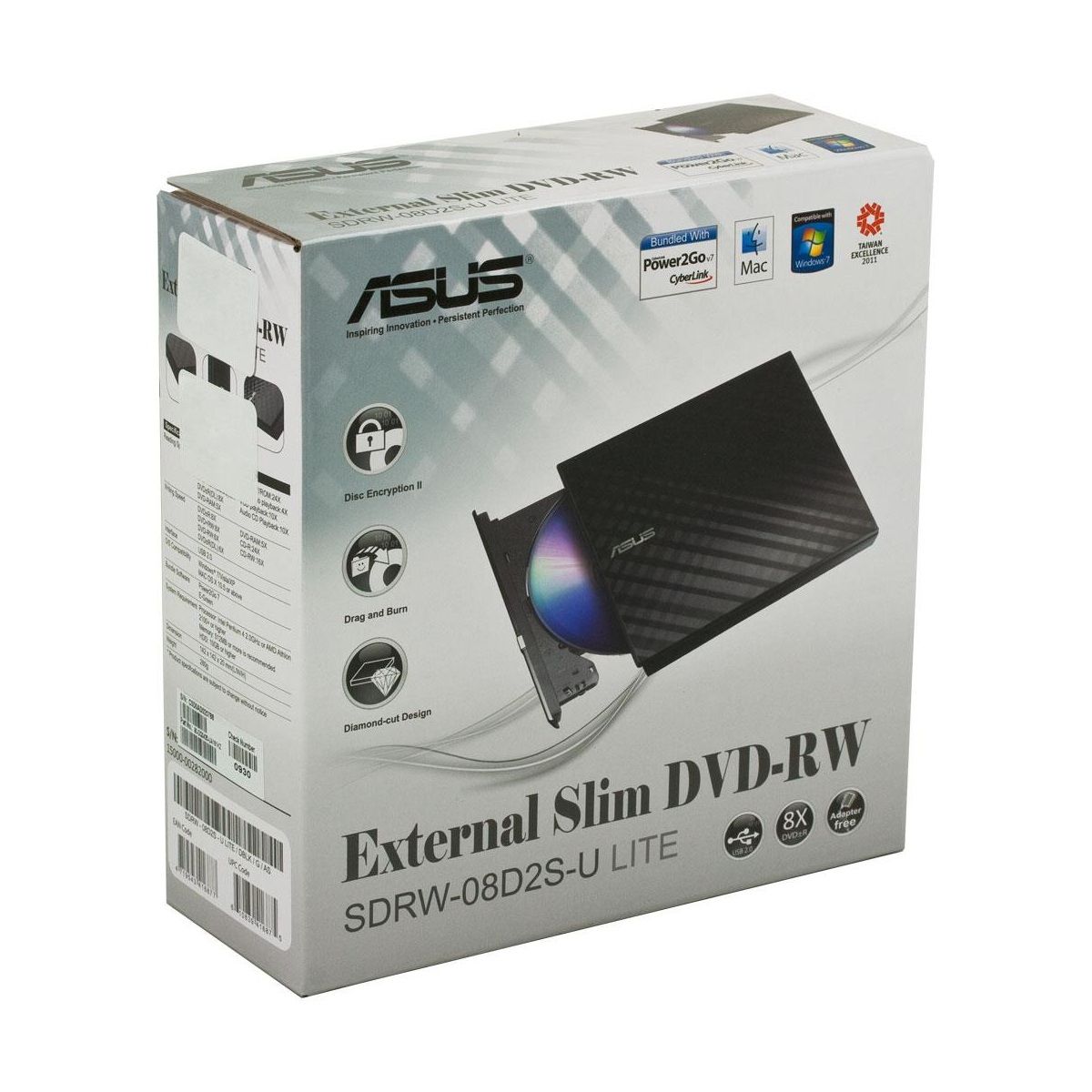 ASUS - Lectora Externa ASUS Slim CD - DVD USB SDRW-08D2S-U - Nuevo - caja levemente dañada